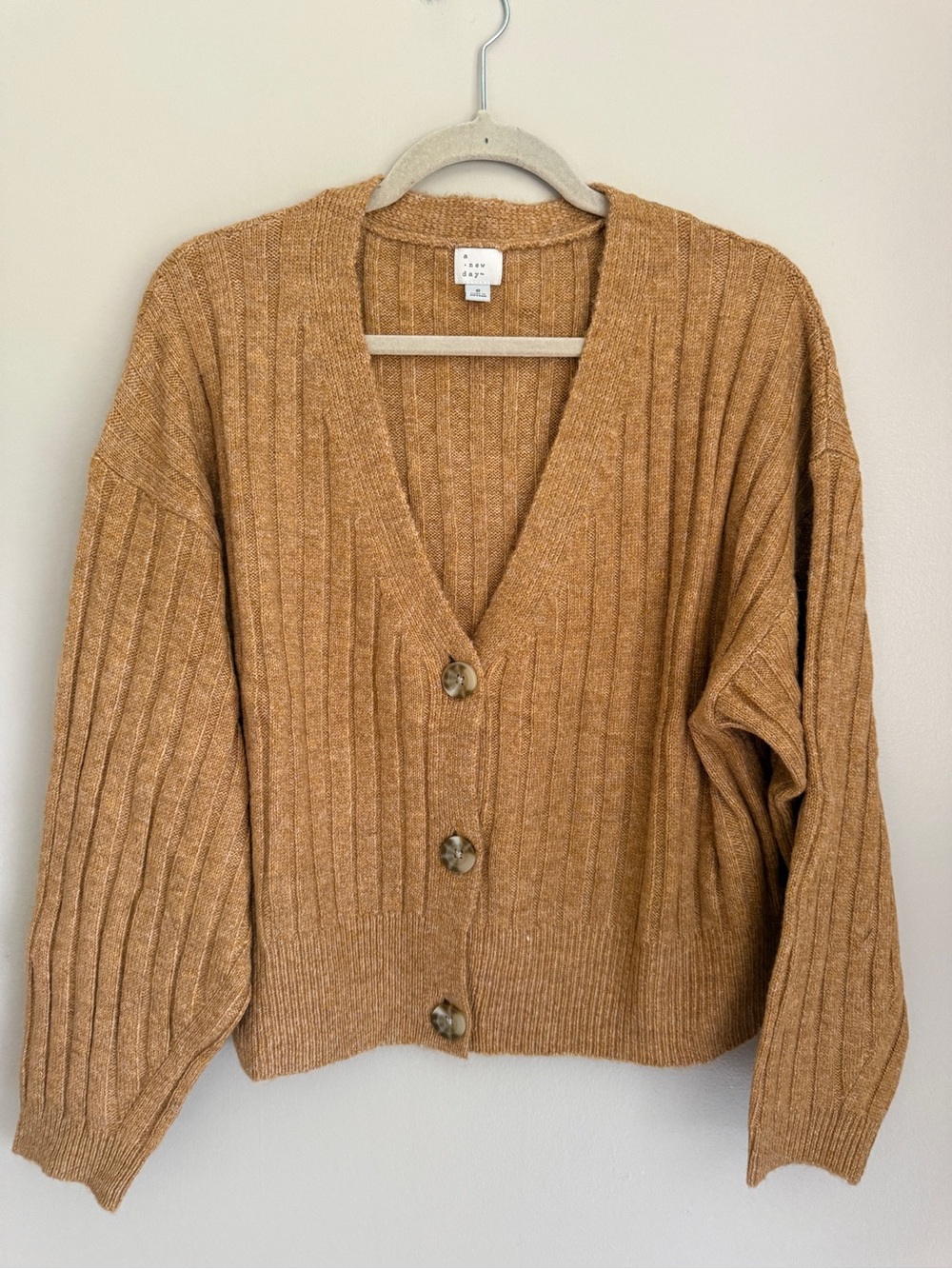 NWOT A New Day Camel Ribbed Button-Front Cardigan, size small